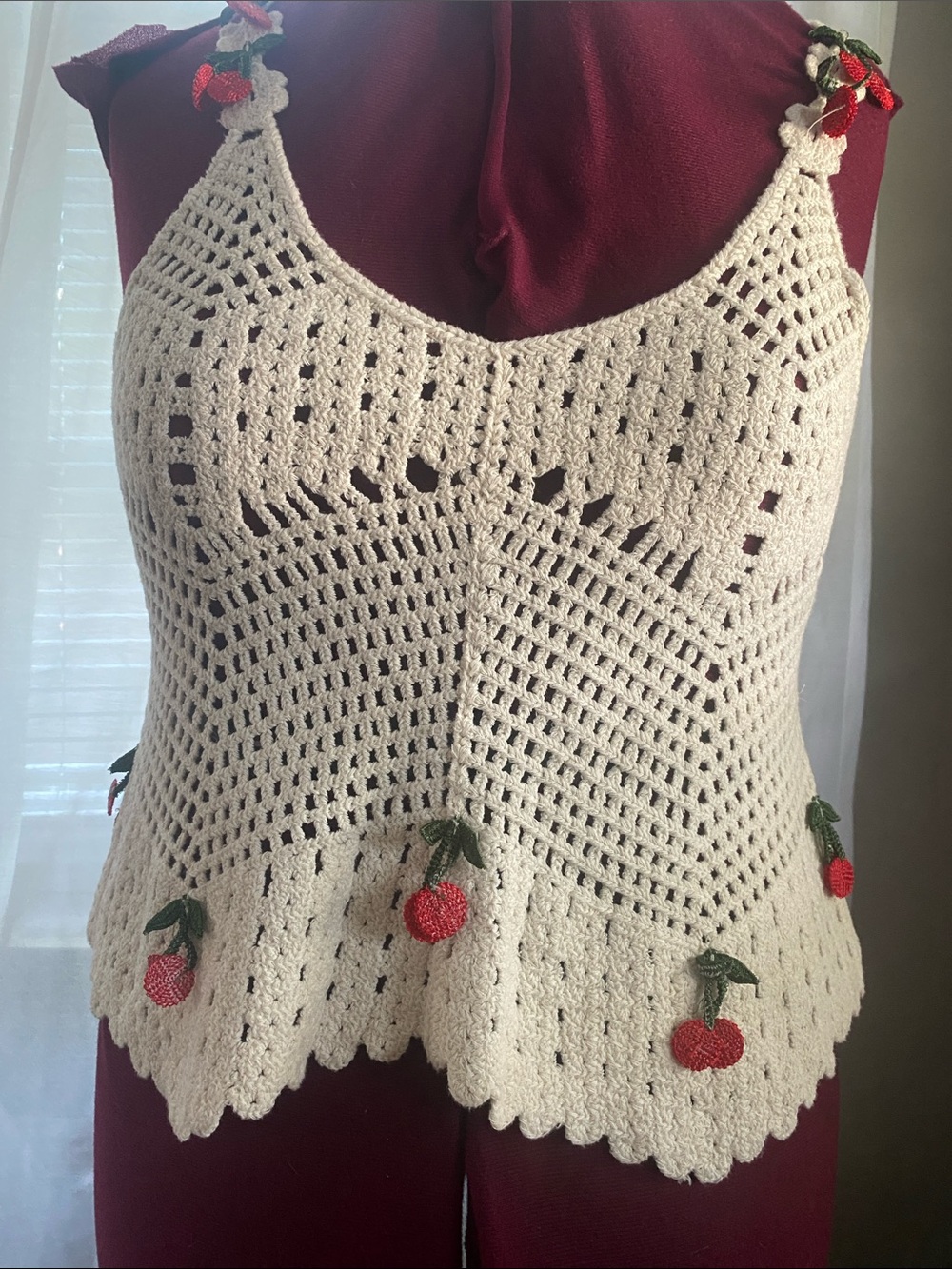 Rebellion Cream Crochet tank/Camisole with Red Cherry Accents